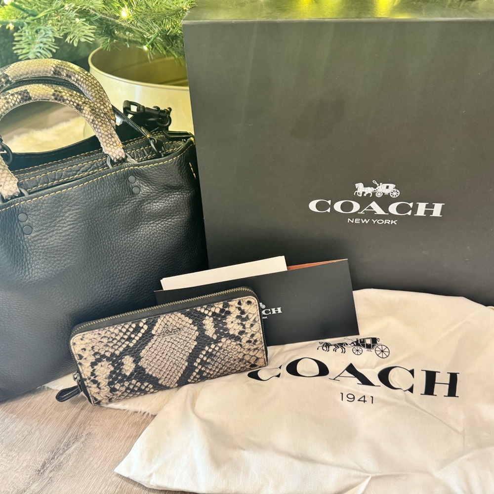 Coach Rogue 30 handbag with colorblock snakeskin detail and matching zip wallet